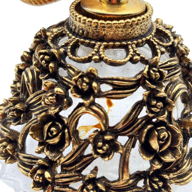 1950 Hollywood Regency Matson Gold Gilt Floral & Glass Perfume Atomizer & Bottle For Sale - Image 9 of 11