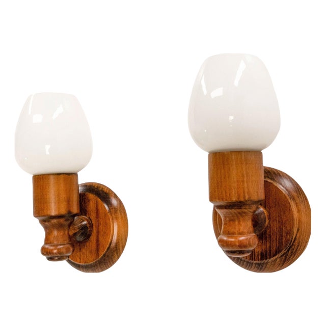French Beech & Opaline Glass Wall Lights, 1970s, Set of 2 For Sale