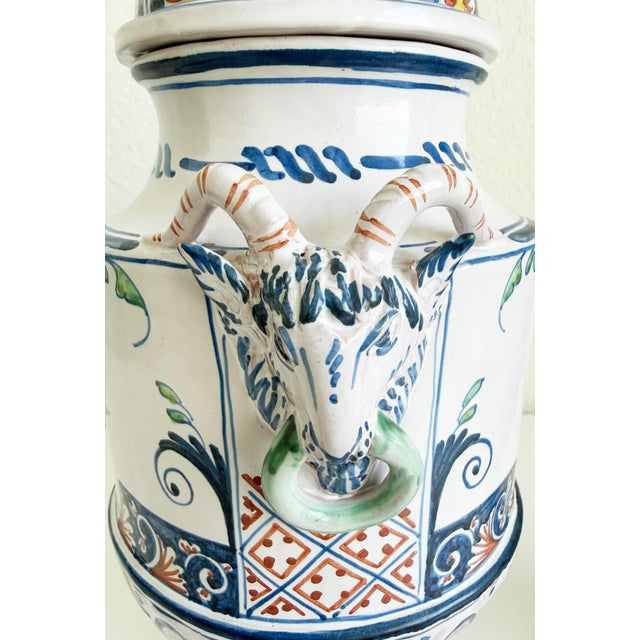 French Pair of Mid-Century French Hand Painted Faience Urns With Ram Head Handles For Sale - Image 3 of 18