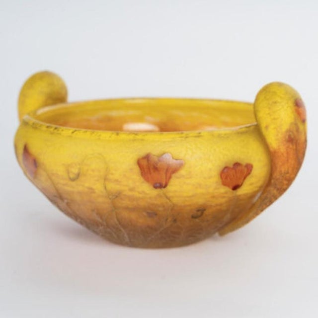 DAUM, Nancy Poppy Bowl, circa 1905 Polychrome multi-layered glass bowl with handles, decorated with acid-etched and hot-...