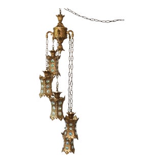 1960s Hollywood Regency Five Tier Gold and Crystal Swag Lamp For Sale