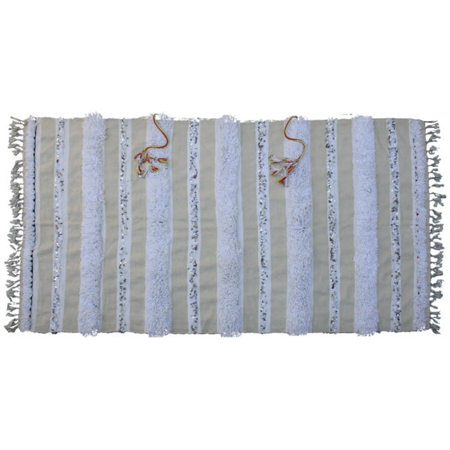 Beige Mid 20th Century Moroccan Blanket W/ Stripes & Fringes For Sale - Image 8 of 8