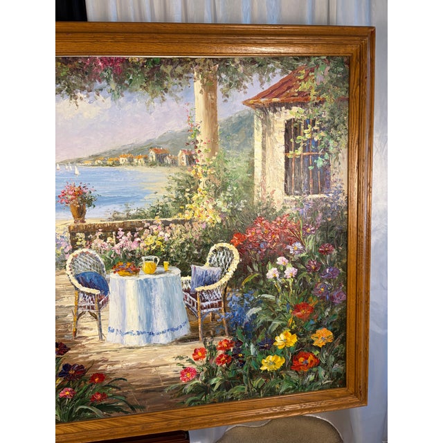 Wood Late 20th Century Large Mid-Century Style Mediterranean Coastal Terrace Oil Painting - Signed "W. Brittain" For Sale - Image 7 of 10