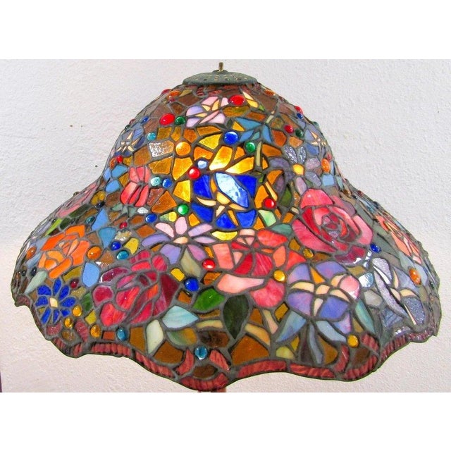 Vintage Tiffany Style 22" Stained Glass Roses Poppies Cabochons Bell Lampshade Measures 22" diameter and 10" tall. This is...