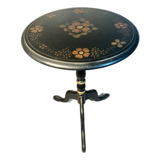 Gueridon French Table by Ethan Allen Stenciled Flowers on Black Tripod Base For Sale