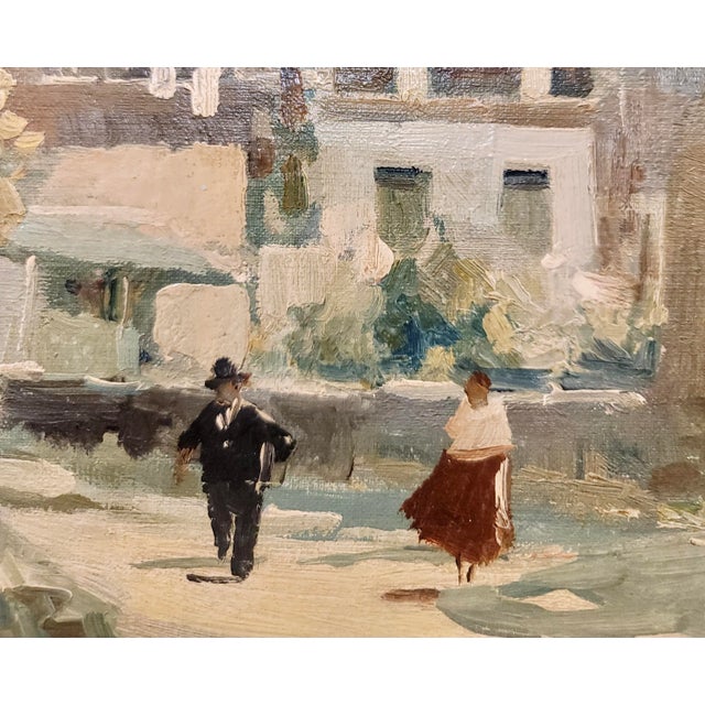 Wood Jacques Bartoli -Two Figures Walking Down the Street-1950s Modernist Oil Painting For Sale - Image 7 of 9