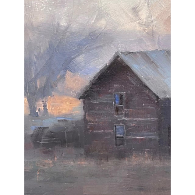 Remnants by Dave Santillanes | Oil on panel of a rural scene with a house and snow-covered field For Sale - Image 4 of 5
