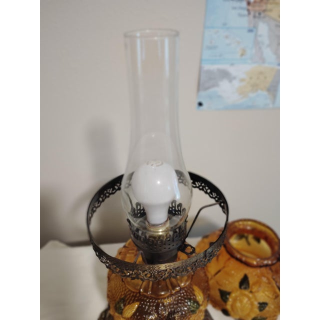Hollywood Regency Pair of Vintage 1970 Ef & Ef Industries Hurricane Lamp Model 338 Amber Glass Yellow Rose For Sale - Image 3 of 9