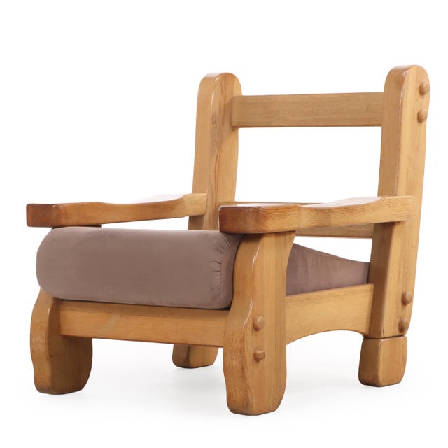 1960s A Pair of French Heavy Oak Brutalist Style Open Arm Chairs, C. 1960. For Sale - Image 5 of 8