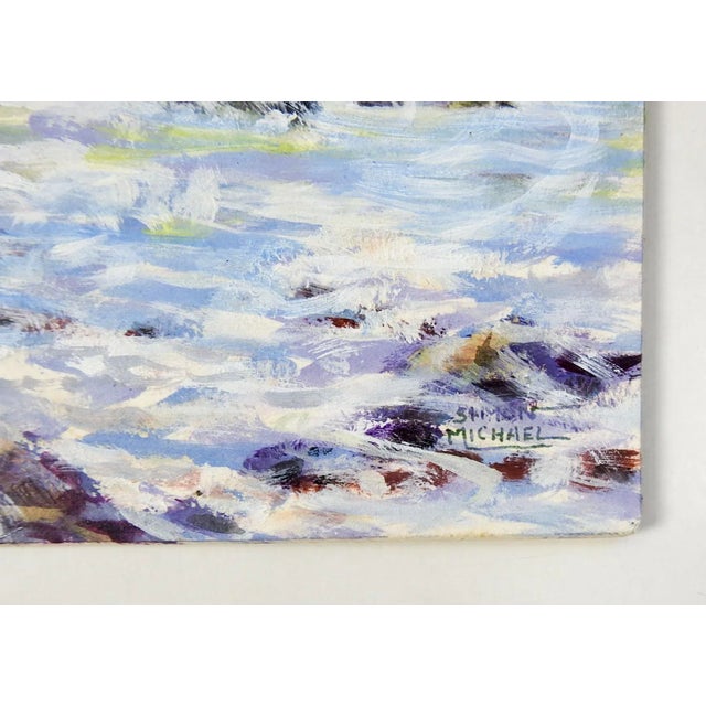 Fishing at rocky whitewater river by Simon Michael (1906-2002) Texas, acrylic on mat board. . Signed lower right corner....