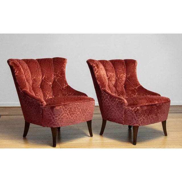 1940s Set of 20th Century Napoleon III Armchairs in Velvet Jacquard Tone-on-Tone Brick For Sale - Image 5 of 12