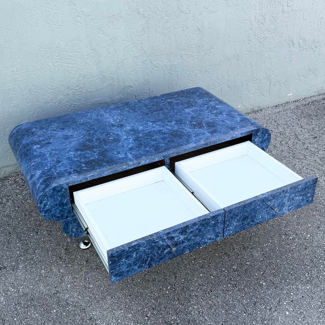 Postmodern Postmodern Bullnose Faux Blue Marble Coffee Table on Chrome Legs For Sale - Image 3 of 7