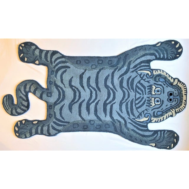 Textile Vintage Blue Tibetan Tiger Hunting Shape Persian Rug For Sale - Image 7 of 7