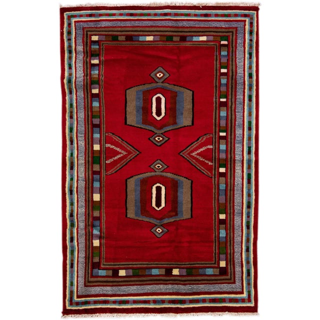 Vintage Handmade Persian Red Geometric Wool Rug 3'10" X 6'1" For Sale - Image 11 of 11