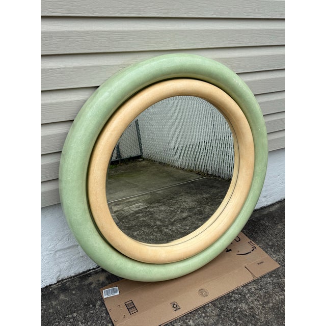 Stunning 1980 Mint Green Faux Goatskin Large Mirror in the Style of Karl Springer