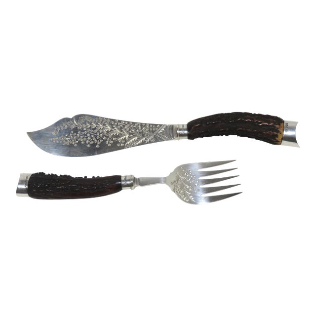 Antique 1893 Hand Engraved Antique Sheffield Plate & Sterling Silver Antler Handle Fish Serving Set For Sale