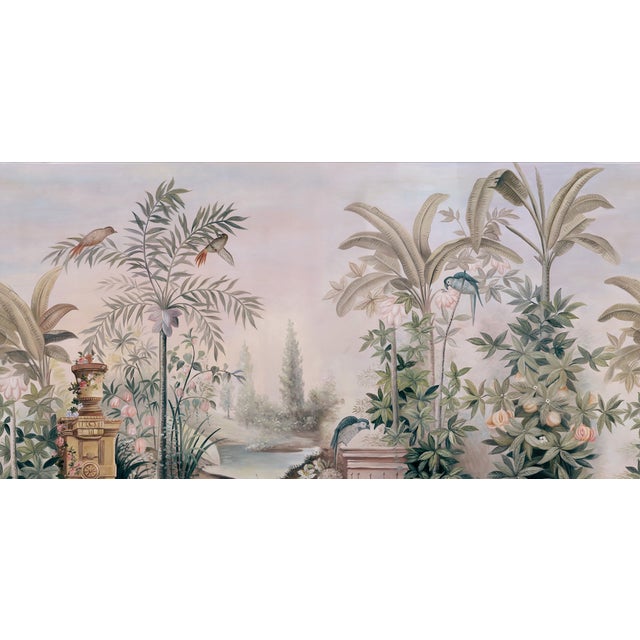 Neoclassical 36" * H108" * 5ps, Hand-Painted Morandi Misty Classical Garden Tropical Bird & Foliage Wall Mural, Neoclassical Tropical Landscape Mural For Sale - Image 3 of 9