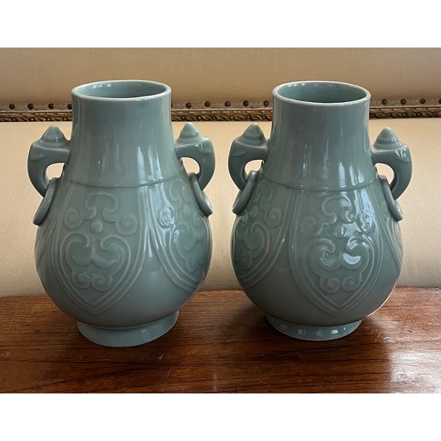 1910s Late Qing Dynasty / Early Republic Chinese Hu Form Celadon Glaze Vases - a Pair For Sale - Image 5 of 7