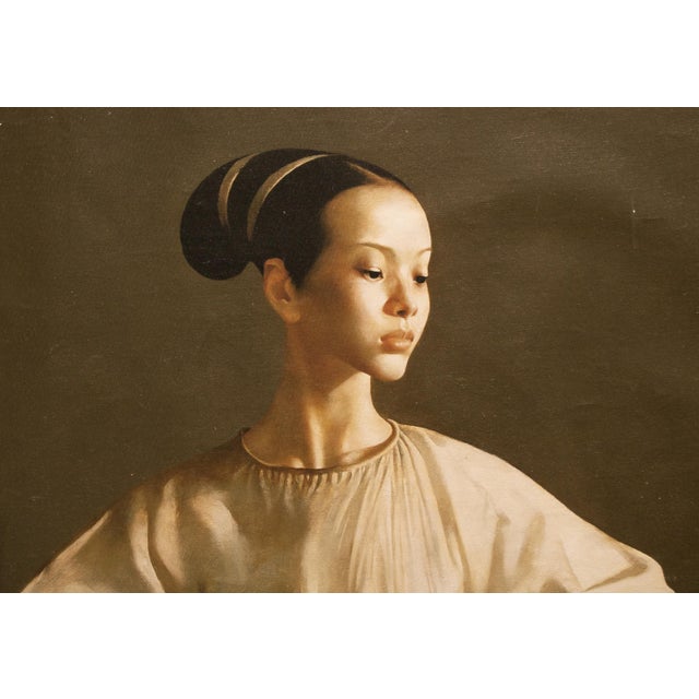 Textile XL C. 2000s After Lu Jian Jun, Portrait of a Seated Woman, Print on Canvas For Sale - Image 7 of 11