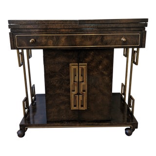 Vintage Burled Wood Greek Key Bar Cart For Sale
