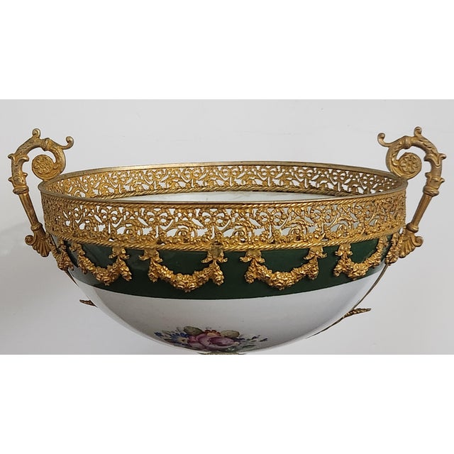 Mid-20th Century French P. Limoges Hand-Painted Porcelain & Gilt-Metal Pedestal Centerpiece Bowl For Sale - Image 4 of 18
