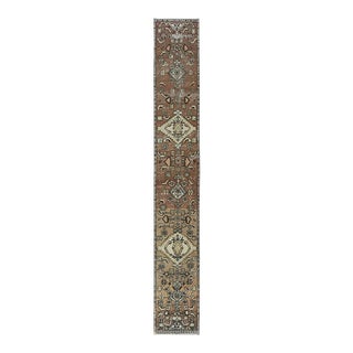 1960s Walnut Brown, Distressed Wool Hand Knotted, Vintage Persian Karajeh , Narrow Runner Rug For Sale