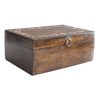 Antique English Walnut & Mother of Pearl Inlay Jewelry Box For Sale
