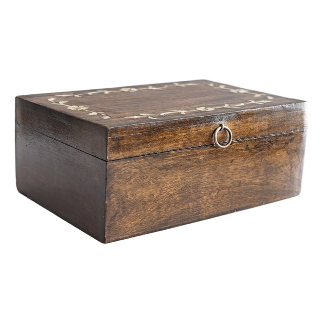 Antique English Walnut & Mother of Pearl Inlay Jewelry Box For Sale