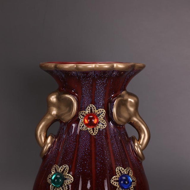 Asian 1960s Oxblood Red Fluted Ceramic Vase With Gilt Elephant Head Handles and Jewel Inlays For Sale - Image 3 of 5