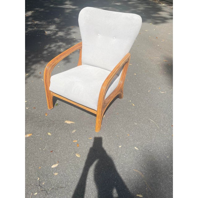 Rare pencil reed wing chair by Comfort Designs under Adrian Pearsall. Wing style bark with bluish-gray upholstery.