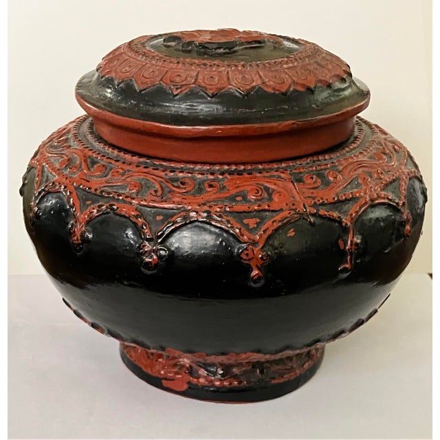 Antique Burmese Lacquer Lidded Jar, Elephant, Red & Black, 5 1/2” X 4 1/2” T For Sale - Image 10 of 12