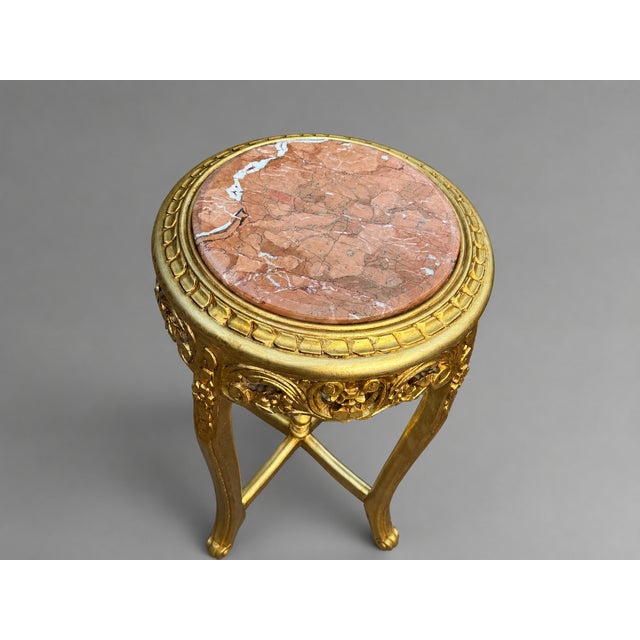 1950s Artisan Louis XVI Gold Beech Marble Side Tables-Pair For Sale - Image 10 of 12