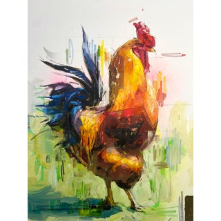 Rooster by Conrado López | Acrylic, gold leaf, and oil on canvas of a colorful rooster For Sale