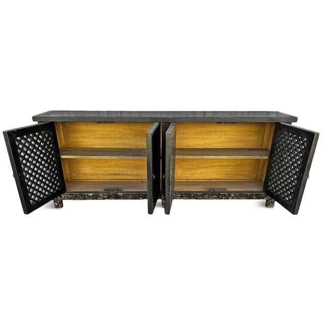 Farmhouse Vintage Black Large Lattice 4-Door Sideboard Credenza For Sale - Image 3 of 8