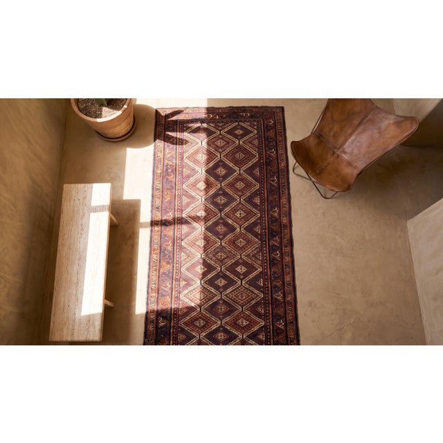Textile 1890s Brown Diamond Tribal Antique Persian Afshar Rug 4' X 12'2" Handknotted Wool Carpet For Sale - Image 7 of 9