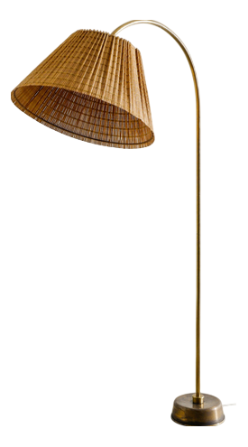 Early Finnish Mid Century Floor Lamp in Brass with a Pine Straw Shade attributed to Paavo Tynell, 1940s
