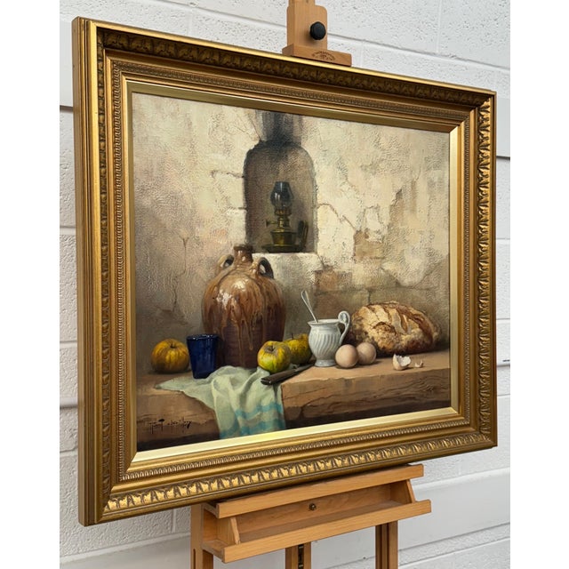Still Life with Fruit & Bread Rustic French Farmhouse Interior by French Artist 1992 Circa For Sale - Image 13 of 18