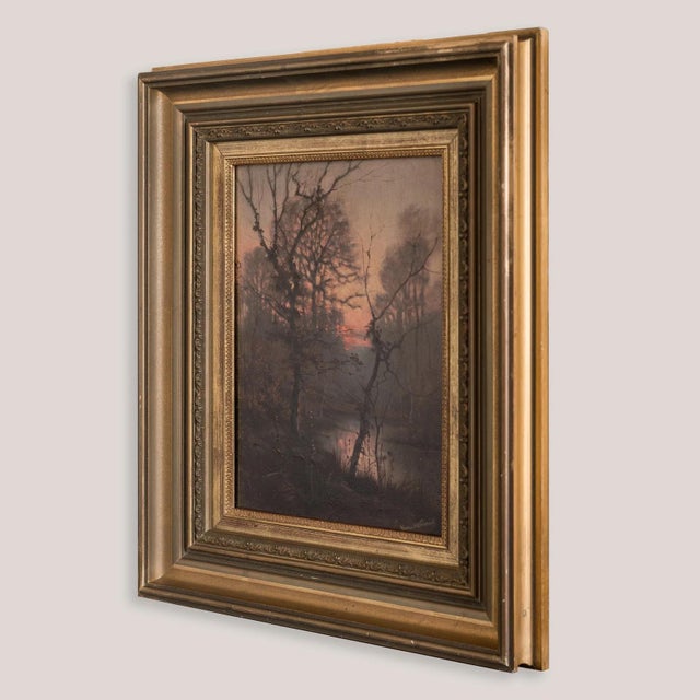 Wooded River Landscape at Sunset, 1800s, Oil on Board For Sale - Image 3 of 7