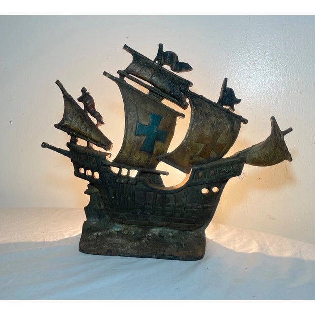 Antique Cold Painted Cast Iron Ship Sail Boat Nautical Table Boudoir Lamp Light For Sale In New York - Image 6 of 10
