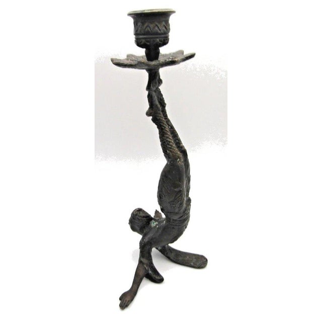 1960s Matched Pair of Vintage Boho Patinated Bronze Acrobat Candle Holders For Sale - Image 5 of 16