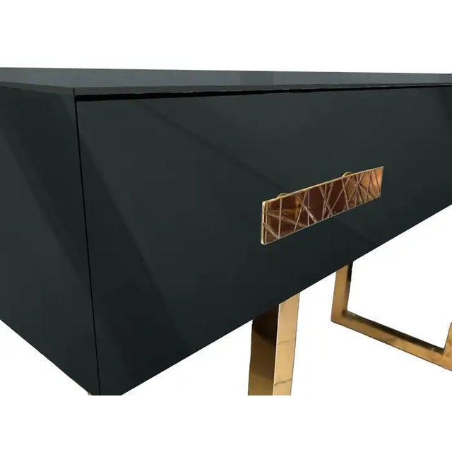 Not Yet Made - Made To Order Black Console in Mirrored Glass, Brass Handles and Legs For Sale - Image 5 of 5