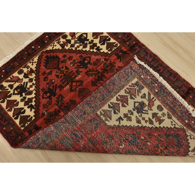 Hamedan Rug 3’2” X 4’4” Red Wool Vintage Tribal Hand-Knotted Oiental Carpet For Sale - Image 11 of 12