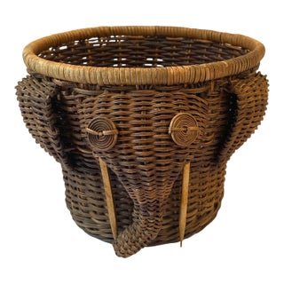 Vintage Elephant Shaped Wicker Planter Basket For Sale
