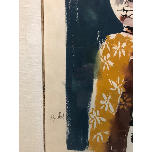 Moshe Gat, Large Watercolor Painting Israeli Modernist Judaica Rabbi with Children, Bezalel, c.1960 For Sale - Image 4 of 8