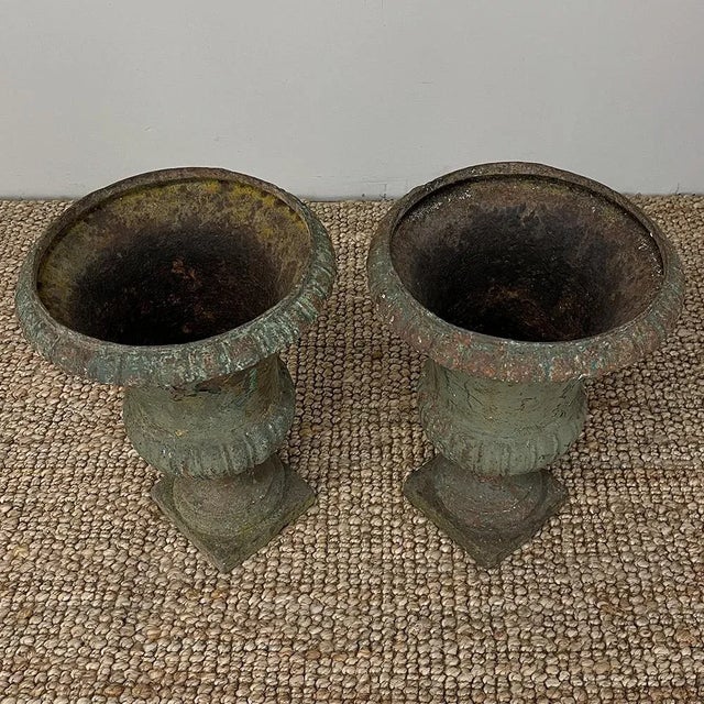 Pair 19th Century French Neoclassical Cast Iron Garden Vases ~ Jardinieres For Sale - Image 9 of 13