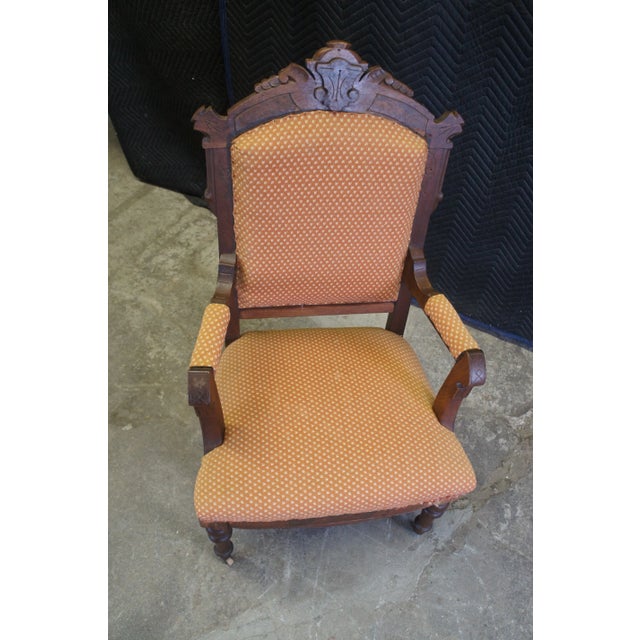 Late 19th Century Antique Victorian Eastlake Carved Walnut Gentleman's Parlor Fauteuil Armchair For Sale - Image 6 of 12
