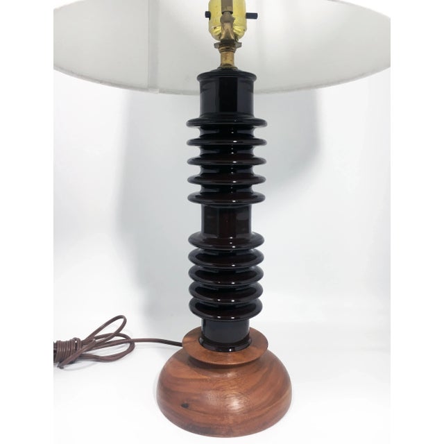 Ceramic Insulator Spool Lamp With Solid Walnut Base For Sale - Image 4 of 12