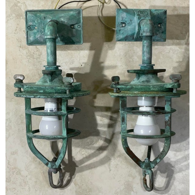 Pair of Antique Bronze Nautical Marine Wall Sconces, or Convoy Lights For Sale - Image 4 of 11