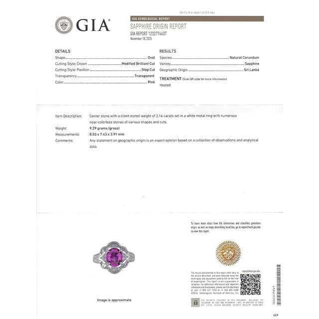 Title: 2.14ct GIA Certified Intense Pink Sapphire 0.41ct Diamond Platinum Ring, Size 5.5 Age/Markings: Estate, weights...