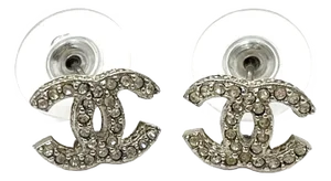 Chanel Classic Silver CC Crystal Curve Small Piercing Earrings - 2 Pieces